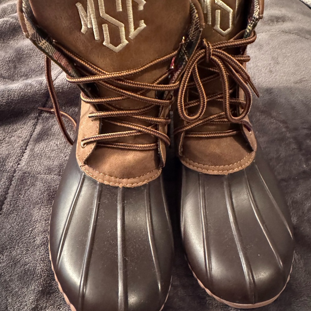 Monogrammed brown Duck boots